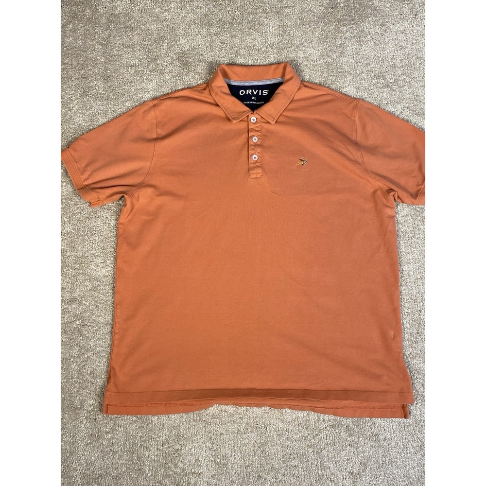 Orvis Short Sleeve Orange Gol Polo Shirt Knit Pique XL Cotton Spandex Stretch